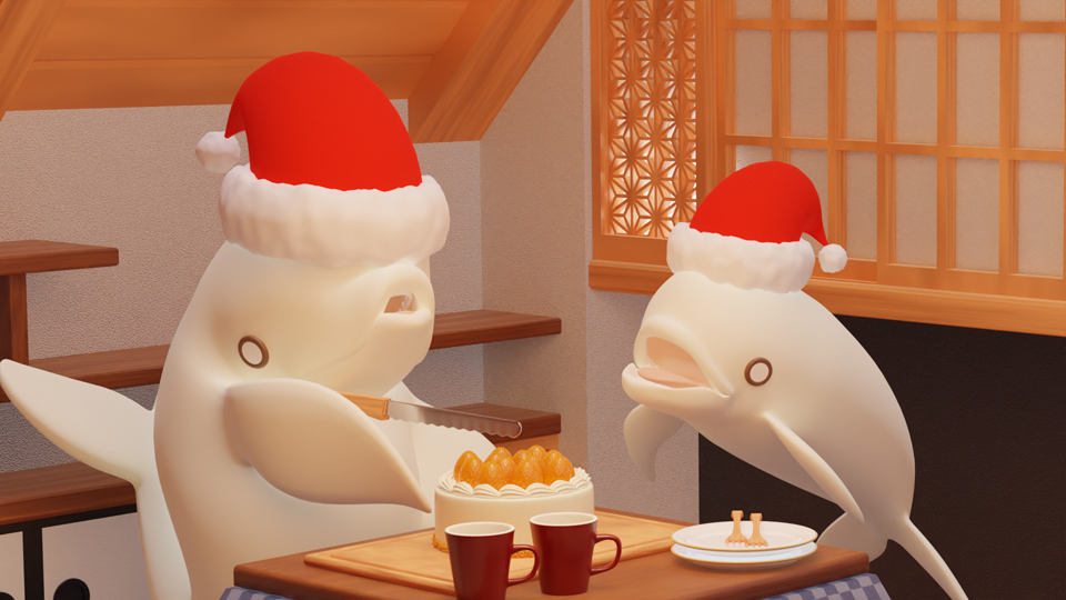 チロと師兄のはじめての共同作業クリスマスケーキカット